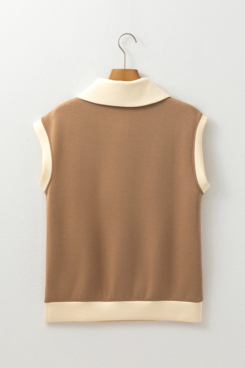 Kelsey - Taupe Half Zip Top – Collared Colorblock Short Sleeve Top, Women's Sporty Casual Quarter Zip