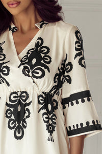 Annie - Beige Geometric Print 3/4 Sleeve Midi Dress