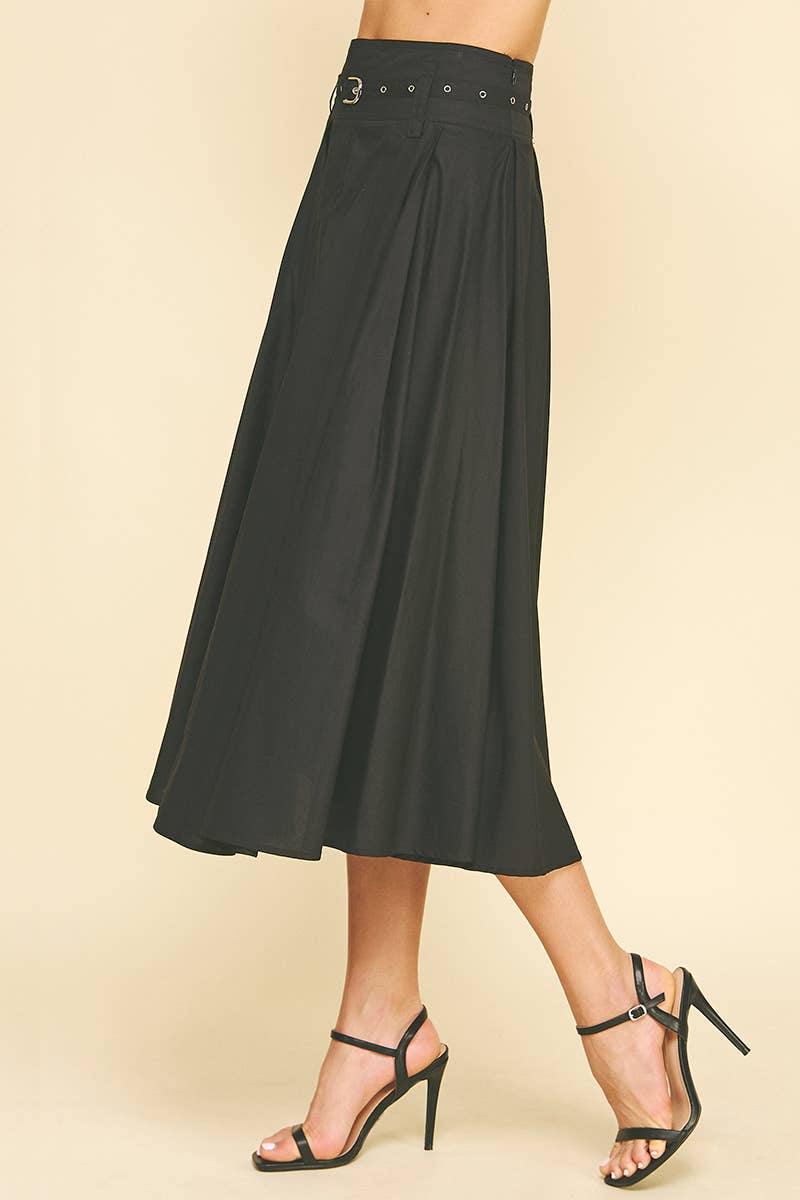 Lynne- Pleated A-Line Midi Skirt with Belt