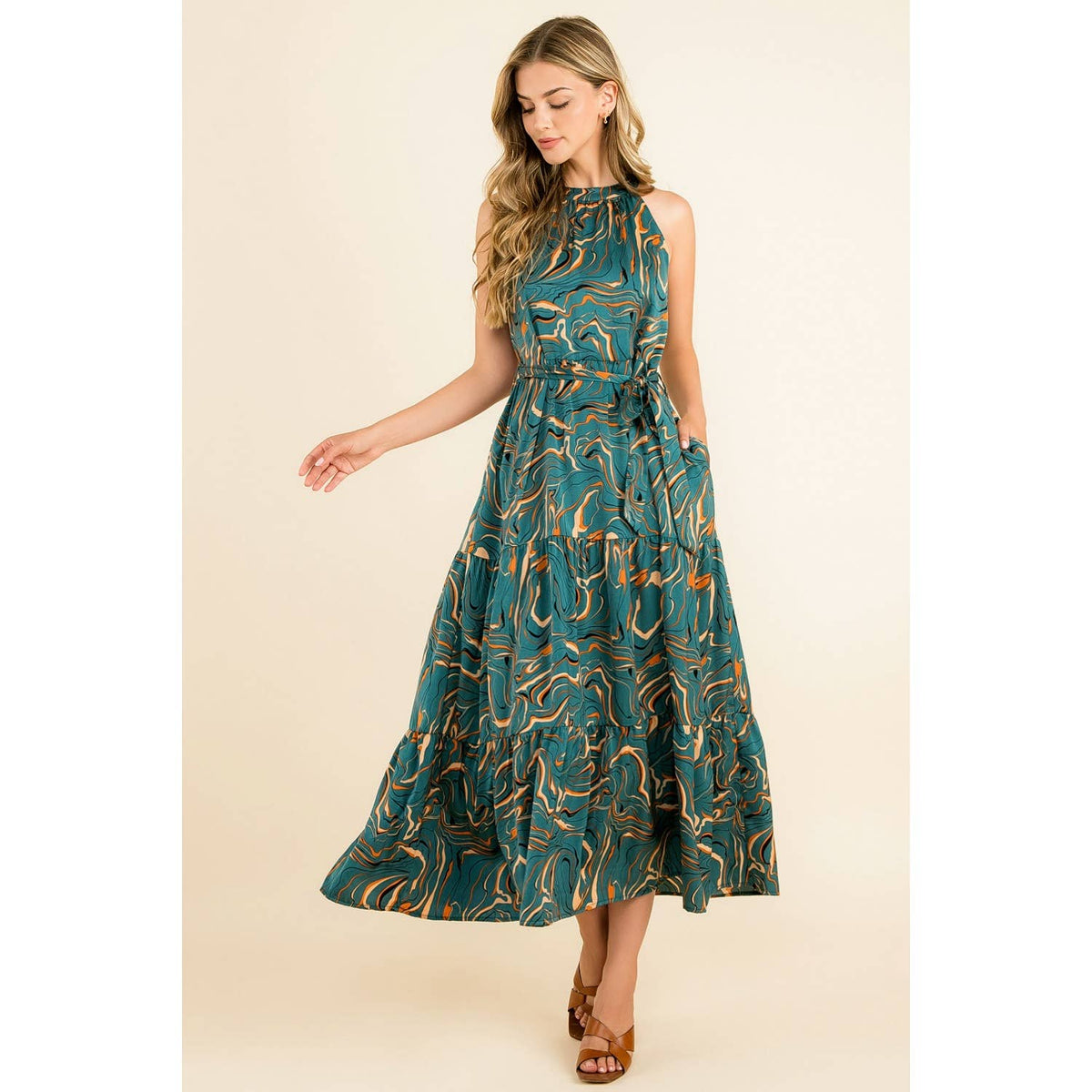 Katie - Halter Abstract Print Maxi Dress