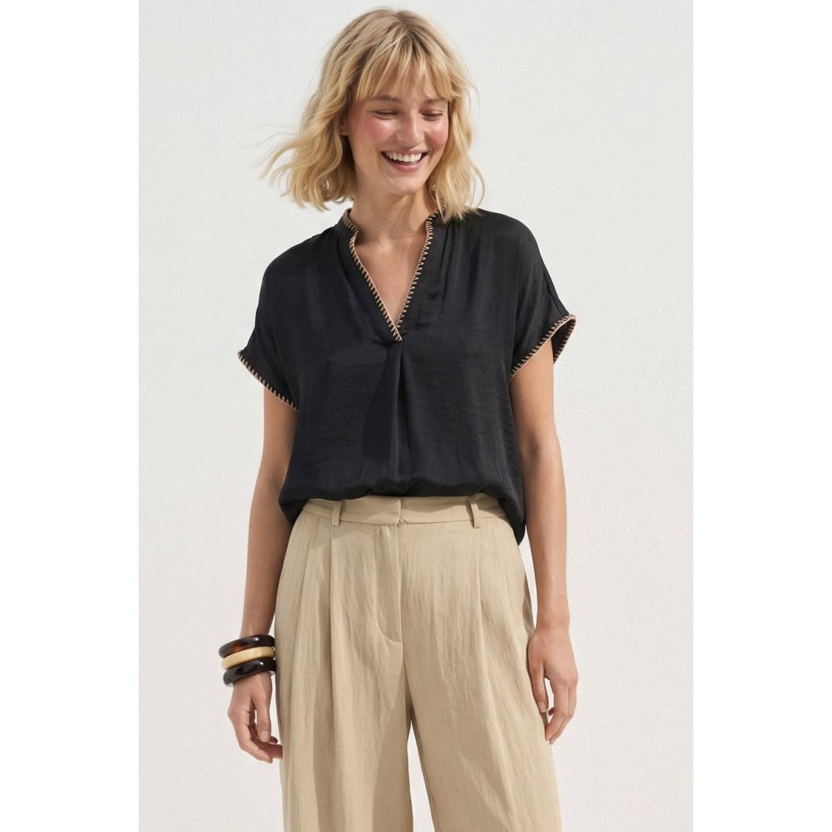 Willa Whipstitch Drop Shoulder Blouse - Black