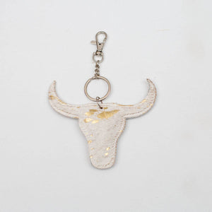 Longhorn Speckled Metallic Hide Keychain Clip   White/Gold   4x4