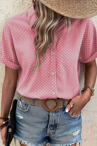 Emy - Dotted Print Cuffed Short Sleeve Shirt