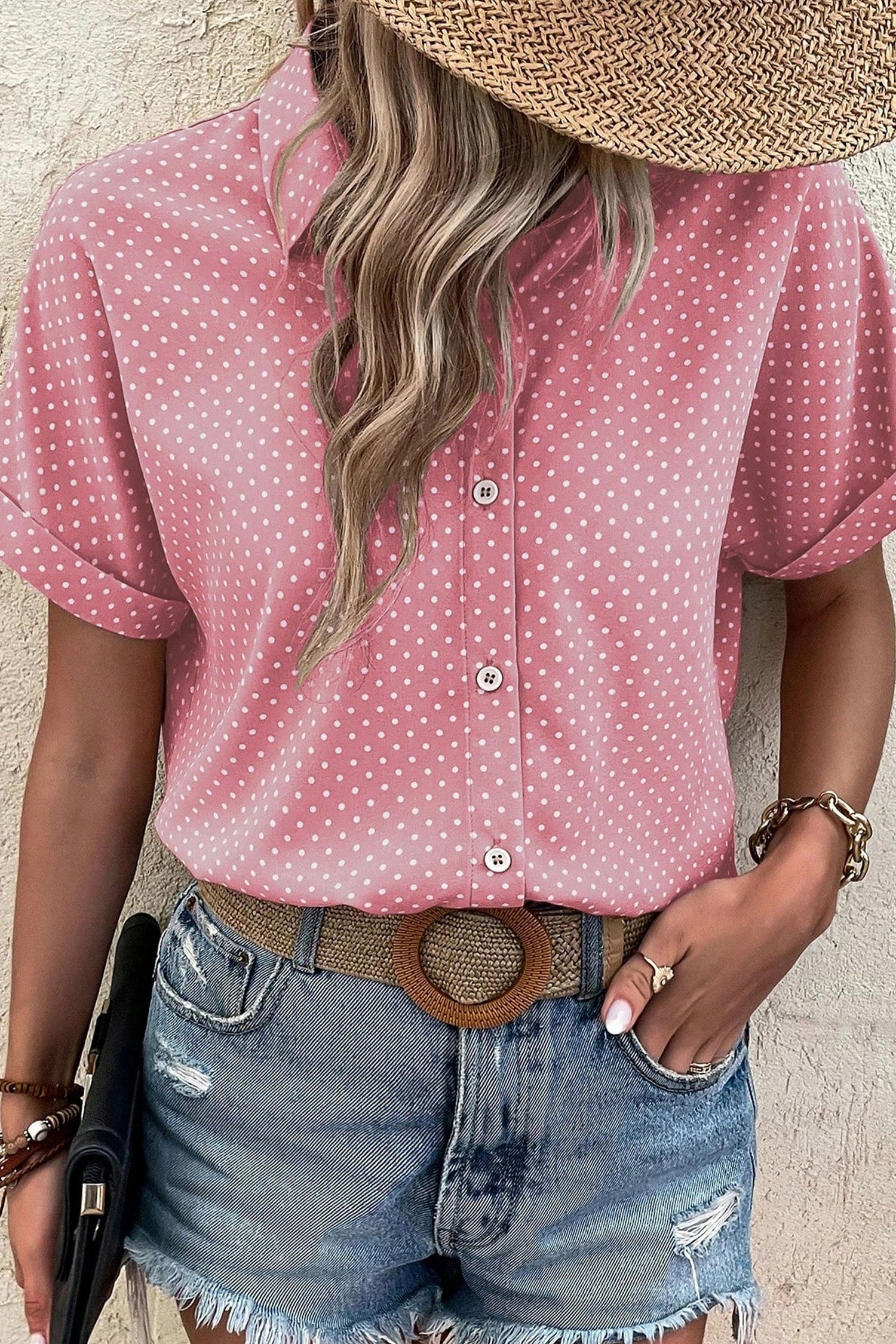 Emy - Dotted Print Cuffed Short Sleeve Shirt