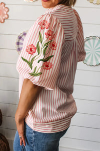 Loula-Pink Floral Embroidered Puff Sleeve V Neck Blouse