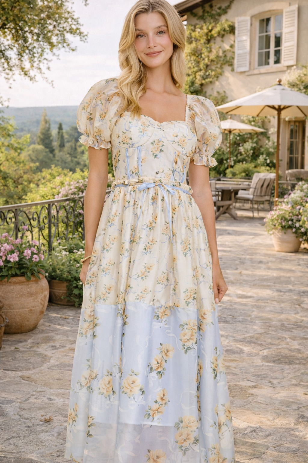 Cassy Floral print colorblock midi dress with puff short sleeves