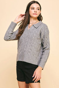 Beatrice- CABLE KNIT COLLARED SWEATER TOP - HEATHER GREY