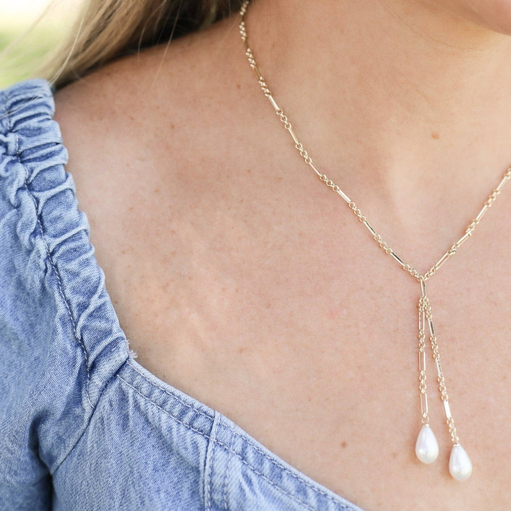 Adorned Pearl Lariat Necklace in Gold