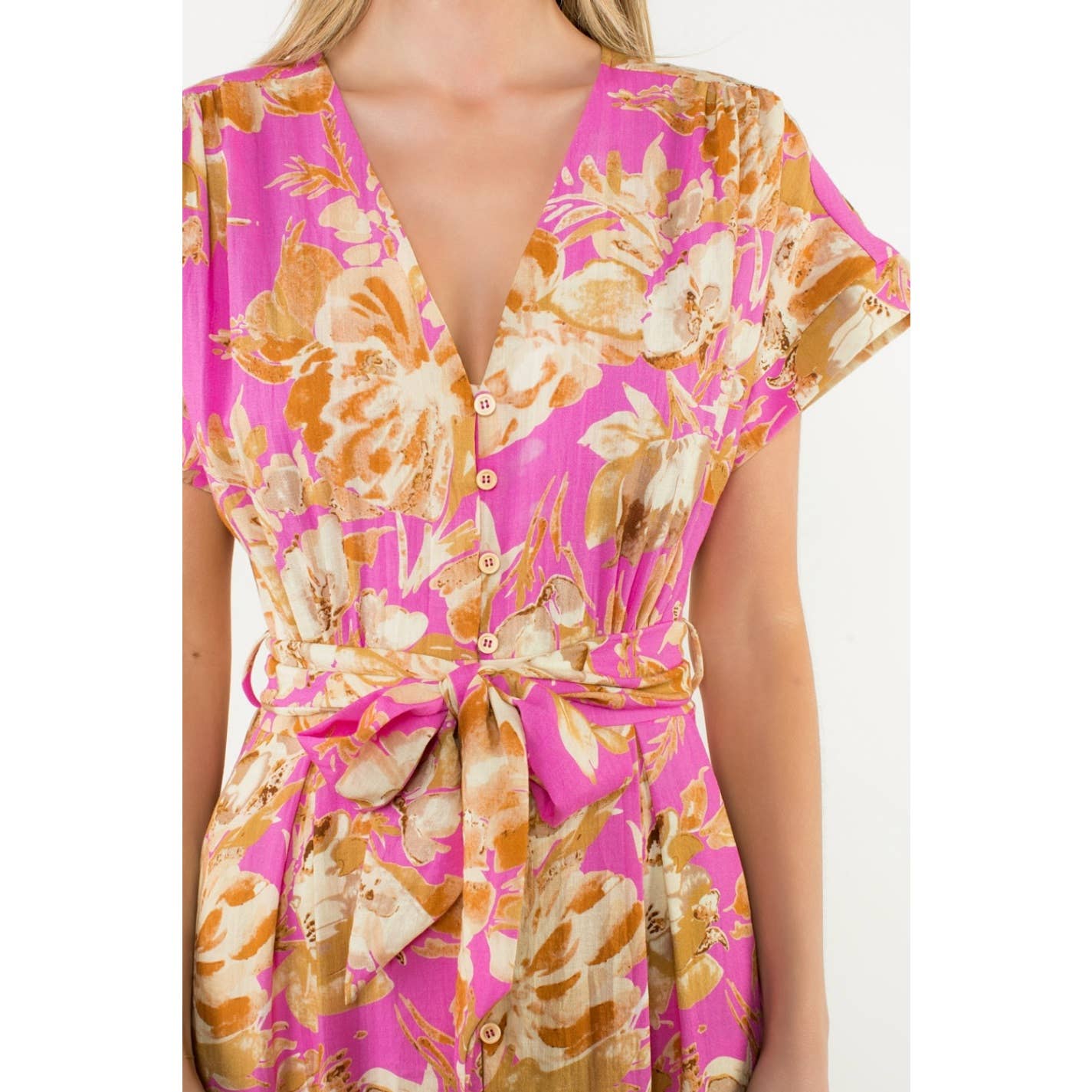 Jaylen - Belted V-Neck Floral Button Dress