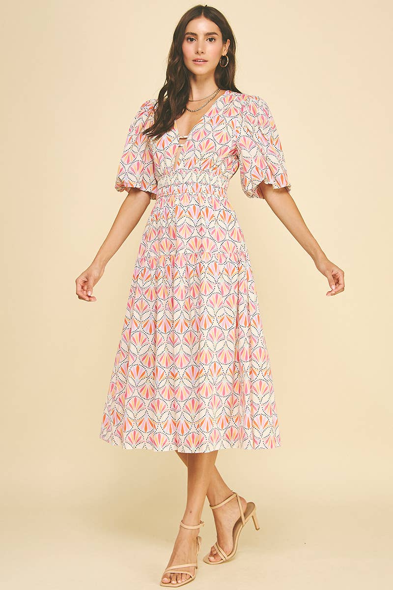 KASLYN- GEOMETRIC PATTERN MIDI DRESS