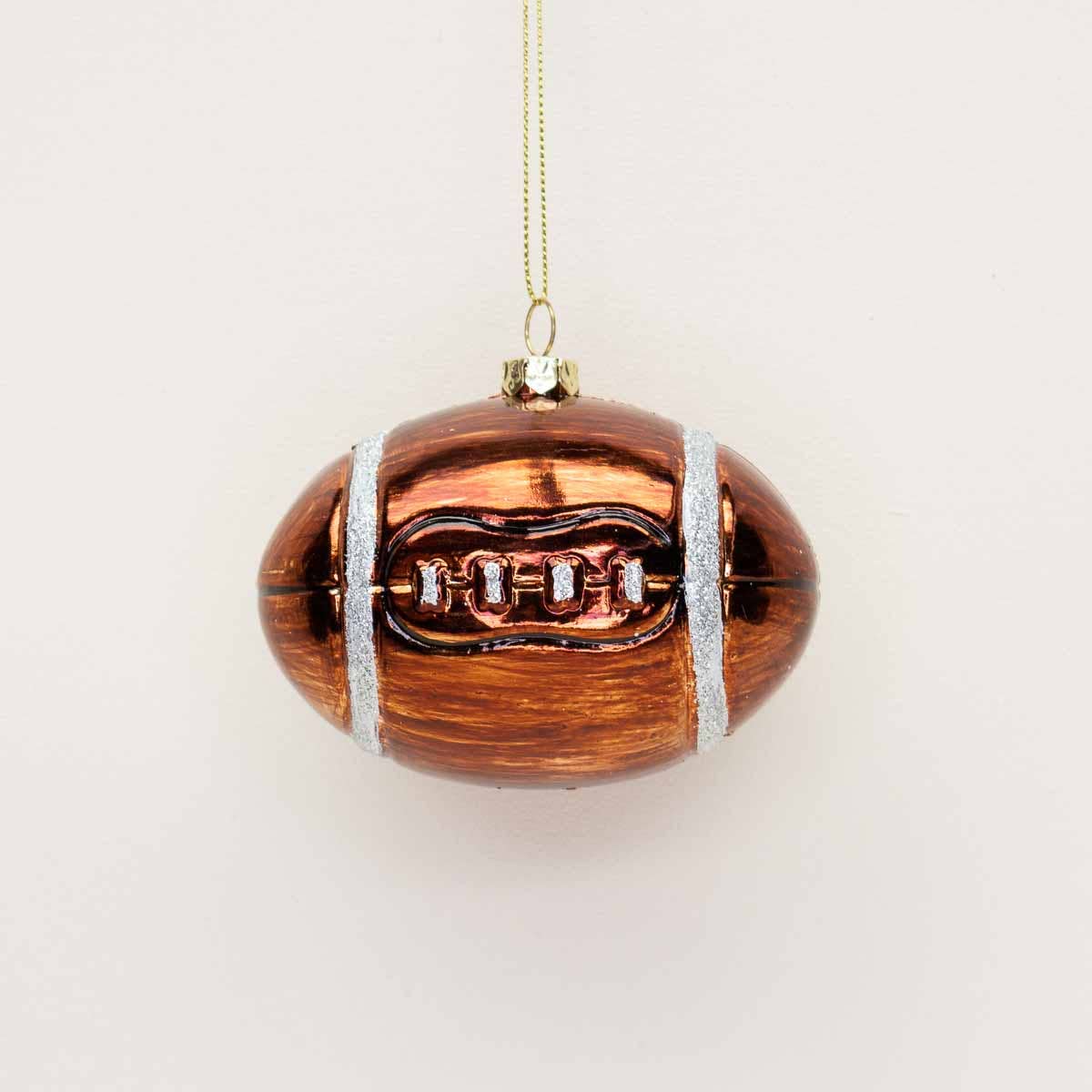 Hand-painted football Christmas ornament in brown and white