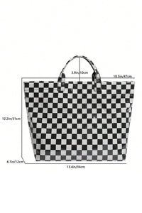 Black Plaid Glossy Waterproof Tote Bag - Large Shoulder Tote for Work, Travel & Everyday