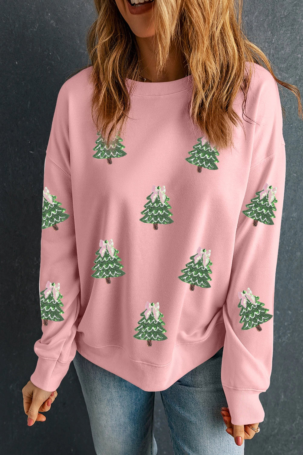 Pink Sequin Christmas Tree Sweatshirt – Festive Graphic Cotton Blend Pullover, Women's Cozy Holiday Sweatshirt
