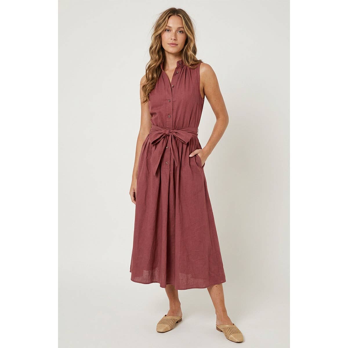 Amber - Sleeveless Belted Maxi Shirt Dress
