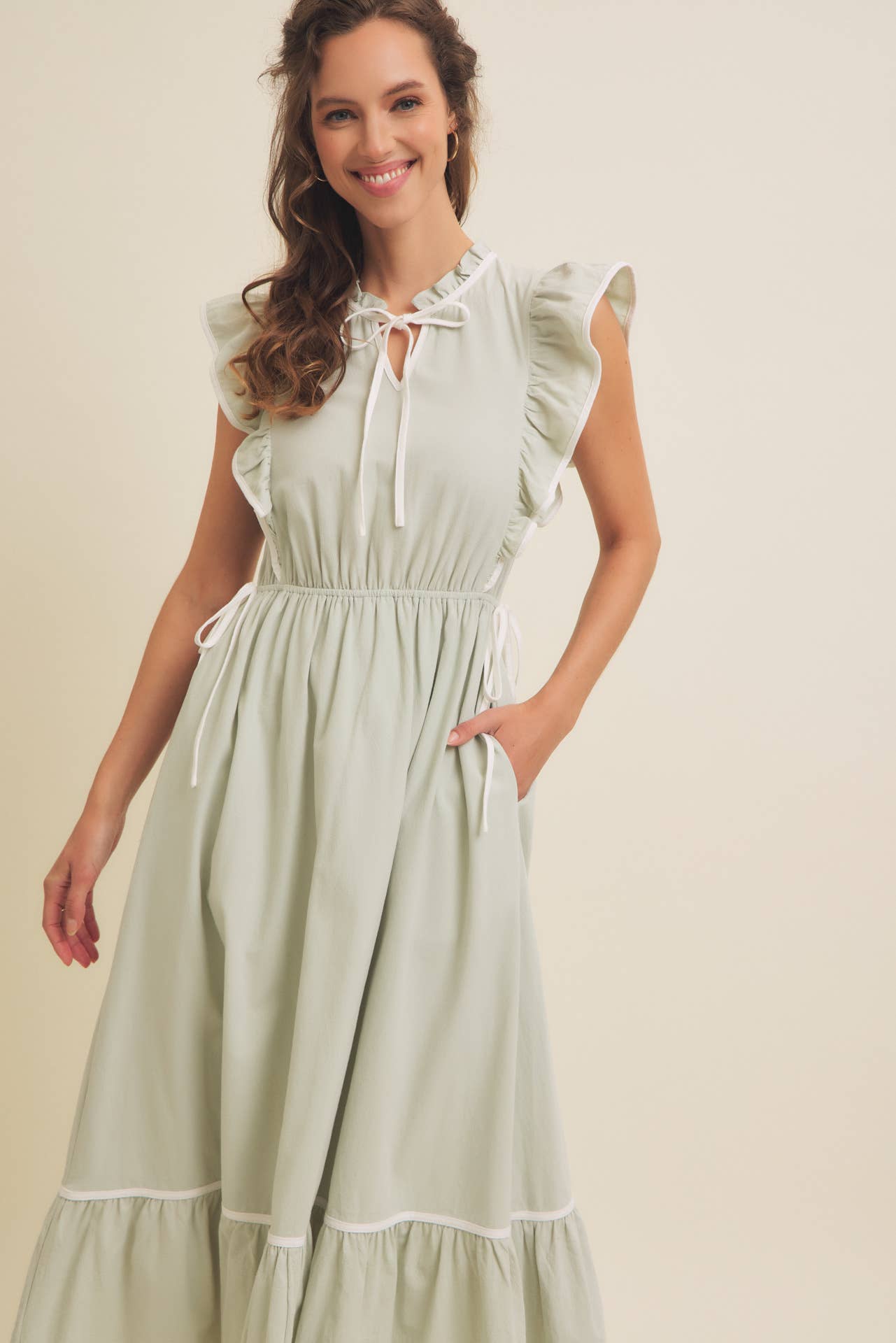 Annie- Cotton Gauze Midi Dress with Ruffles and Contrast Binding M / Mint Sage/Cream Annie- Cotton Gauze Midi Dress with Ruffles and Contrast Binding M / Mint Sage/Cream