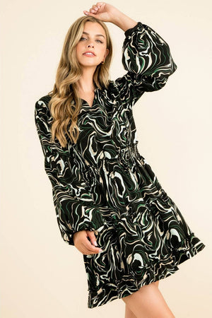 Swirl Print Smocked Waist Dress