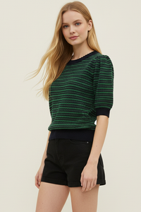Luna - Contrast Scalloped Navy and Green Striped Knit Top