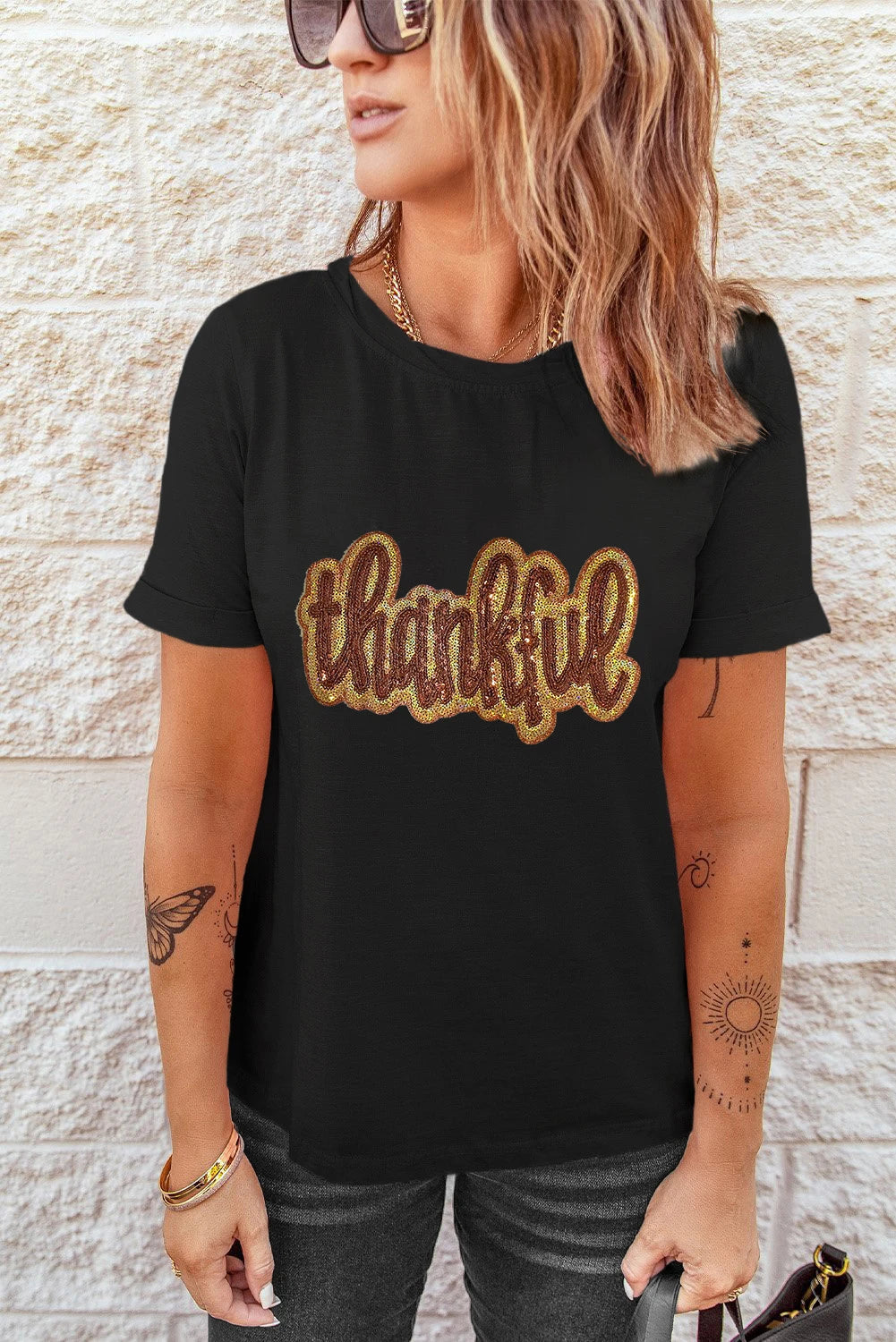 Alison - Black Thankful Sequin Tee