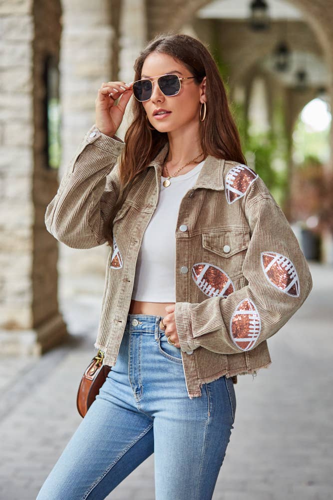 Cropped Corduroy Sequin Football Jacket