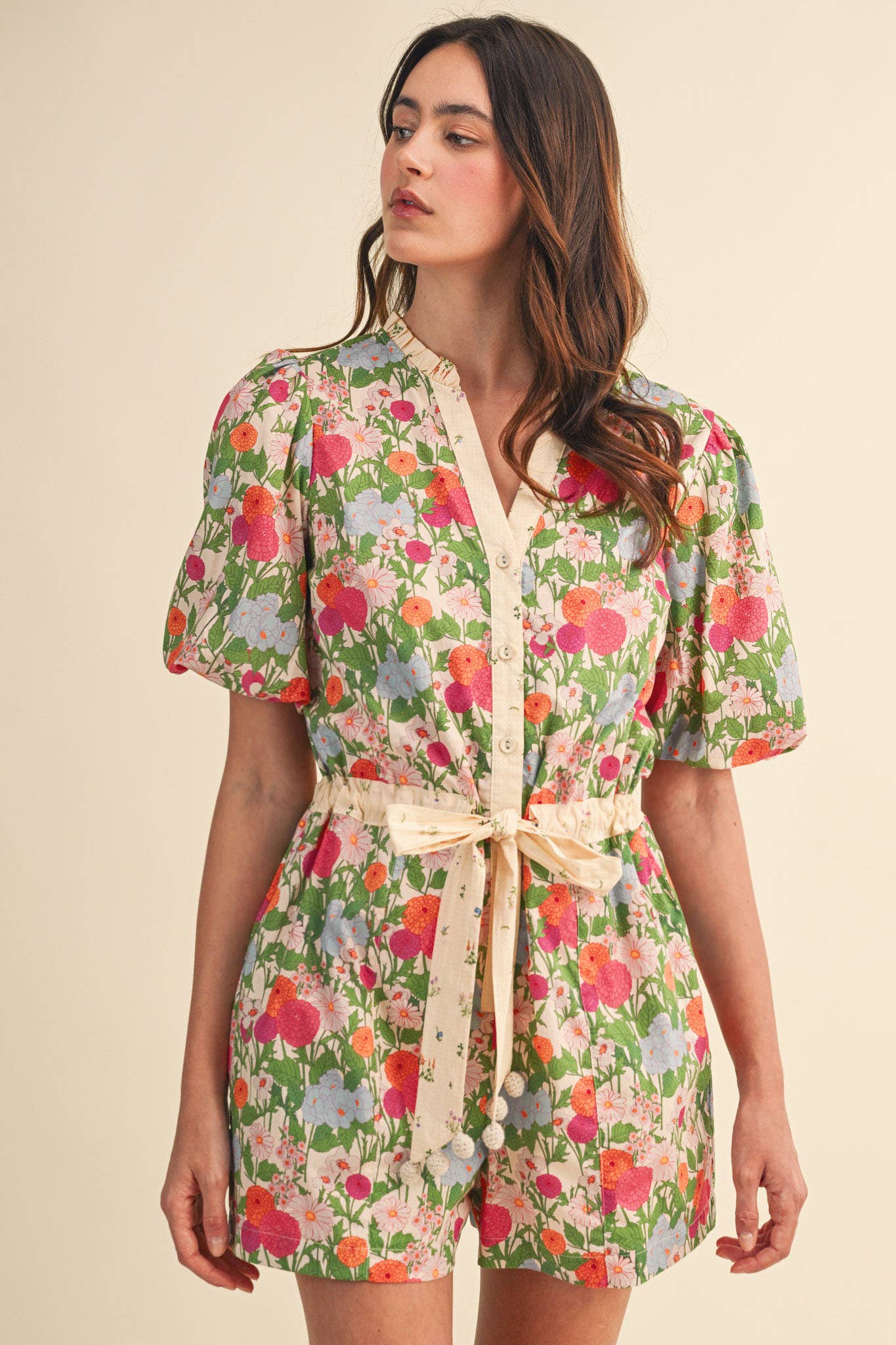Brianna - Bubble Sleeve Floral Print Romper