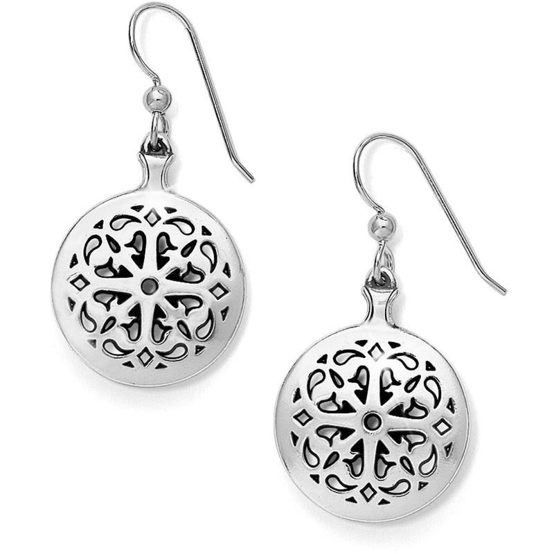 Brighton drop earrings with silver-plated round medallions featuring cut-out scroll and paisley patterns on a white background