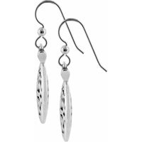 Brighton drop earrings with elongated silver-plated pendants featuring cutout scroll detail and French hook wires on a white background