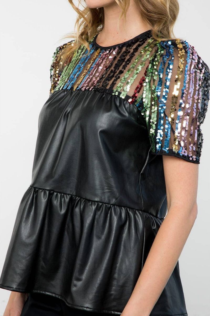 Sequin Detail Tiered Leather Top