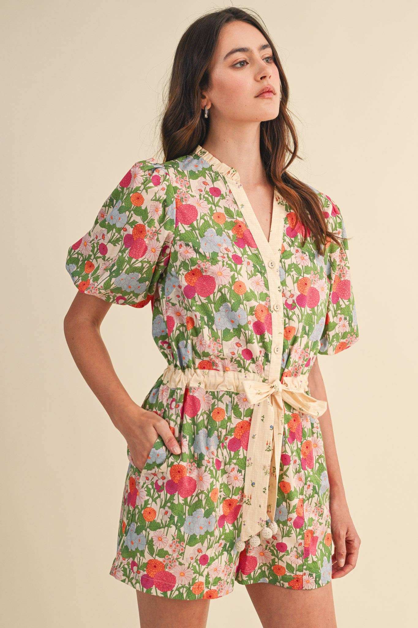 Brianna - Bubble Sleeve Floral Print Romper