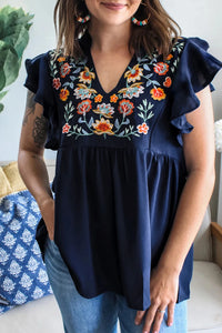 Zoey - Navy Blue Floral Embroidered Blouse