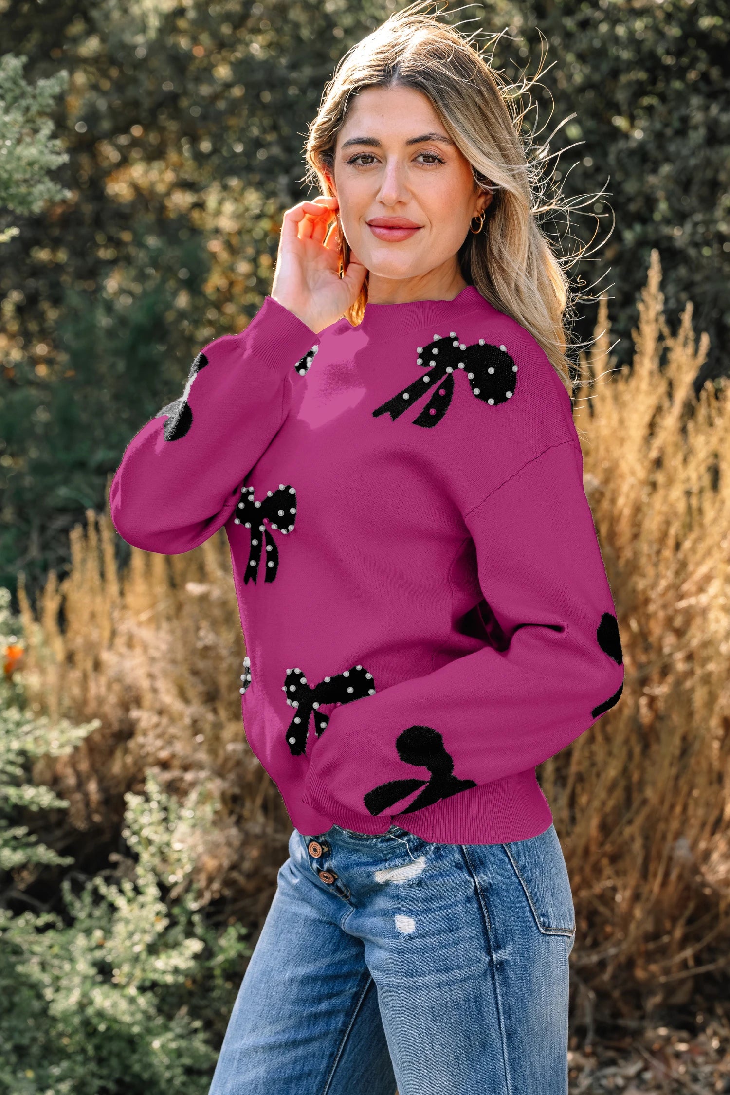Leana- Bright Pink Pearl Embellished Bow Pattern Loose Sweater