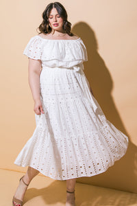 CATCHING MY BREATH EYELET MIDI DRESS
