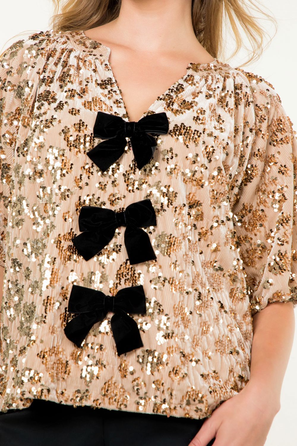 Velvet Sequin Bow Detail Top