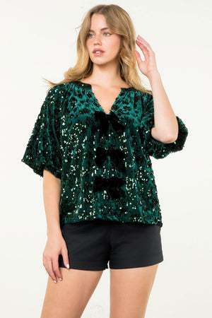 Velvet Sequin Bow Detail Top