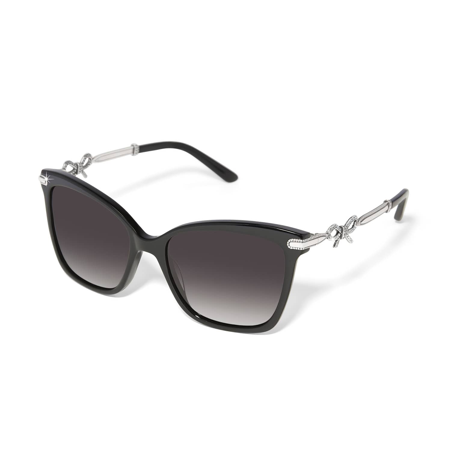 Brighton cat-eye sunglasses with black frames, gradient lenses, and silver-tone bow accents on temples