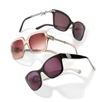 Brighton sunglasses trio in black, transparent pink, and black-and-white frames with silver-tone scroll accents