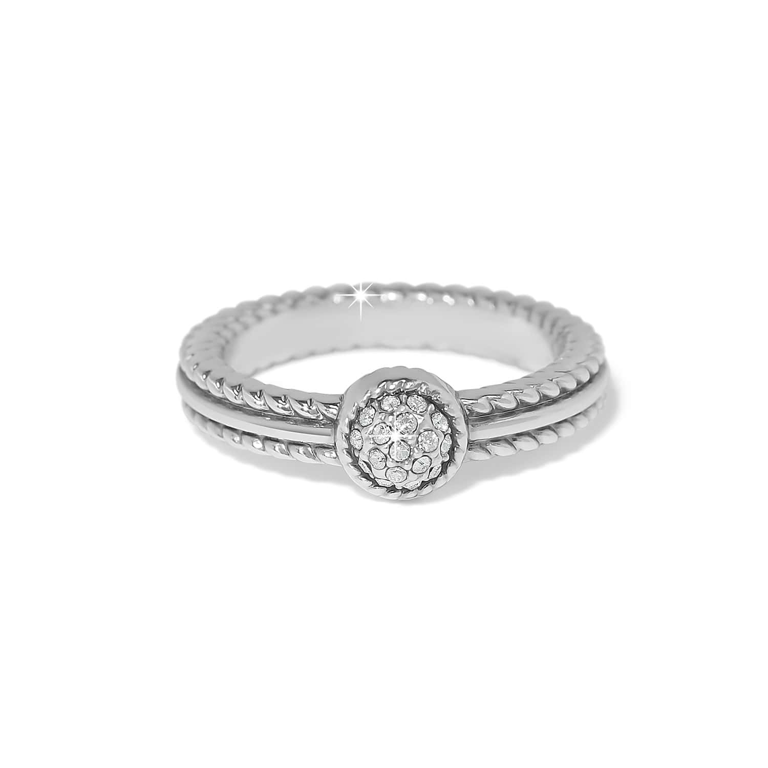 Brighton silver-plated ring with twisted rope band and round crystal pavé center stone on a white background