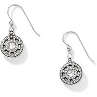 Brighton drop earrings with silver-plated round medallions featuring crystal pavé borders and center stones on a white background