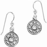 Brighton drop earrings with silver-plated circular medallions featuring beaded openwork design and center dome on a white background