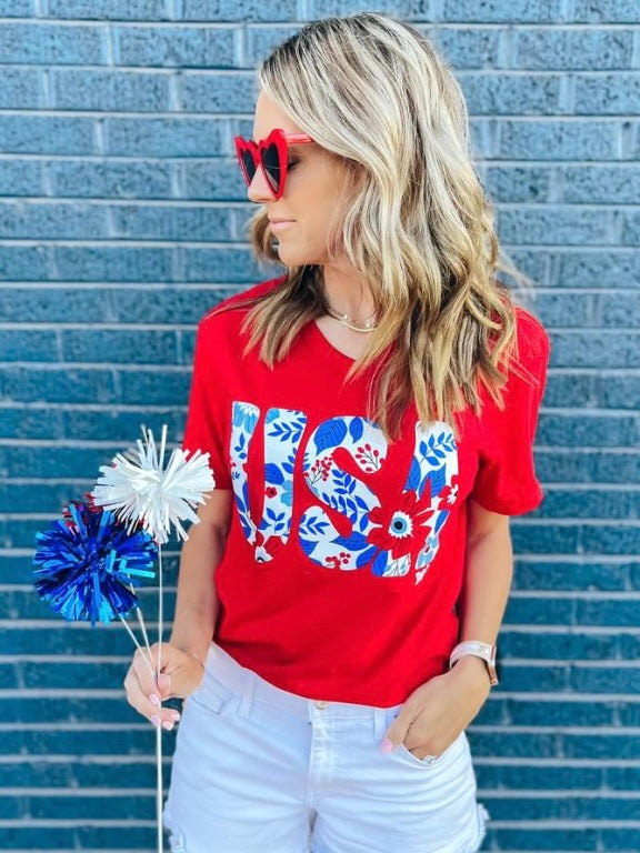 RED USA Floral Tee