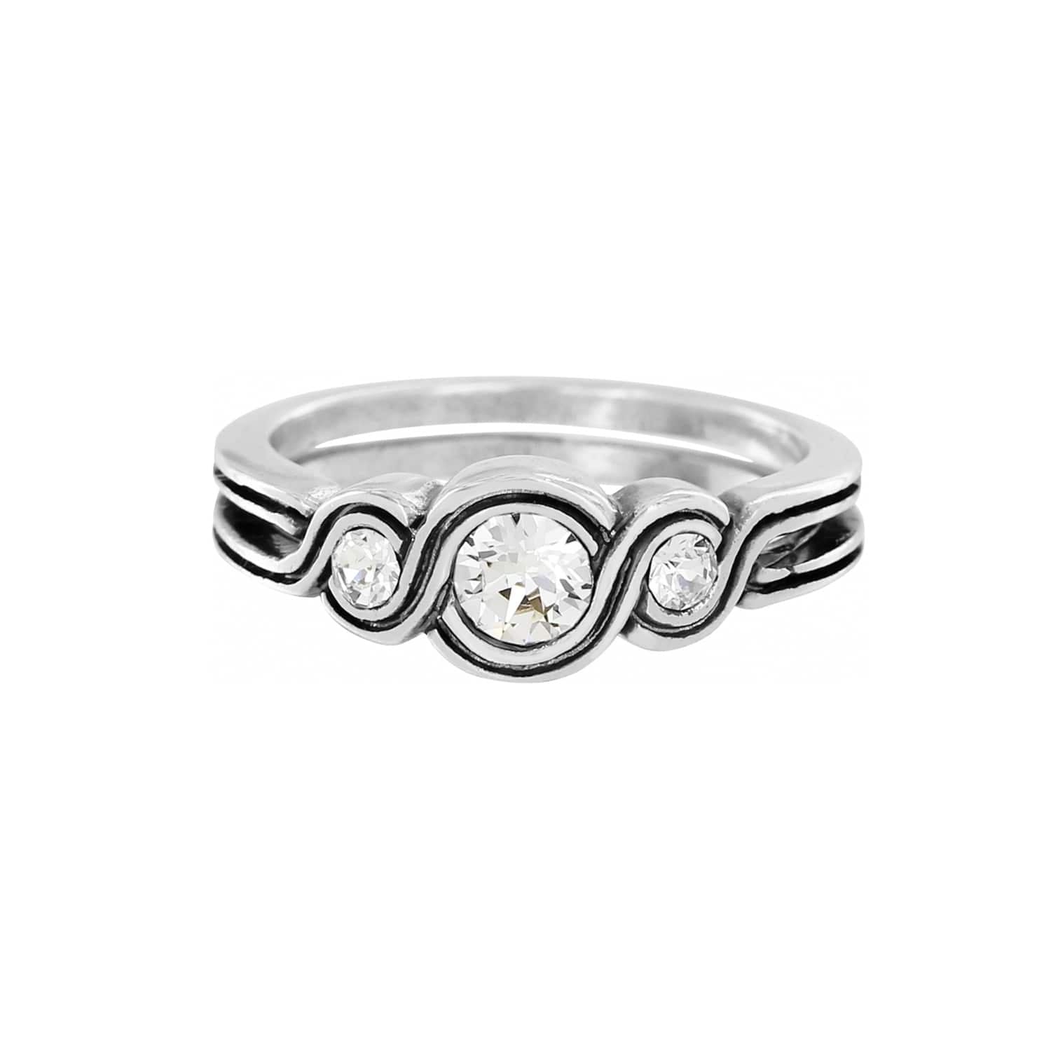 Brighton silver-plated ring with three crystals and swirling scroll detail along the band