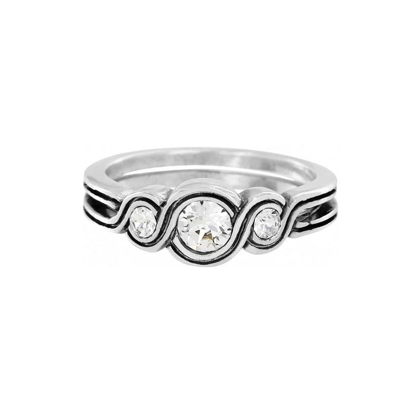 Brighton silver-plated ring with three crystals and swirling scroll detail along the band