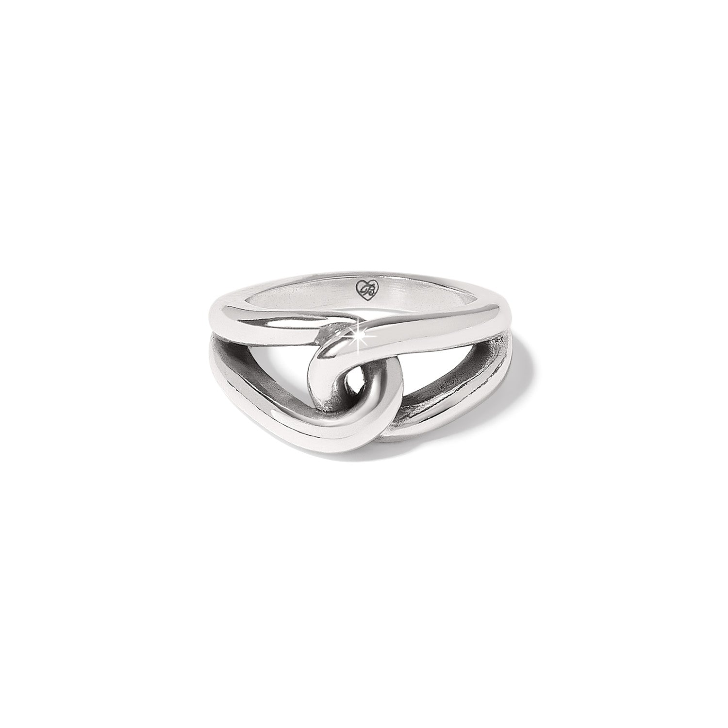 Brighton ring with silver-plated interlocking loop design and polished finish on a white background