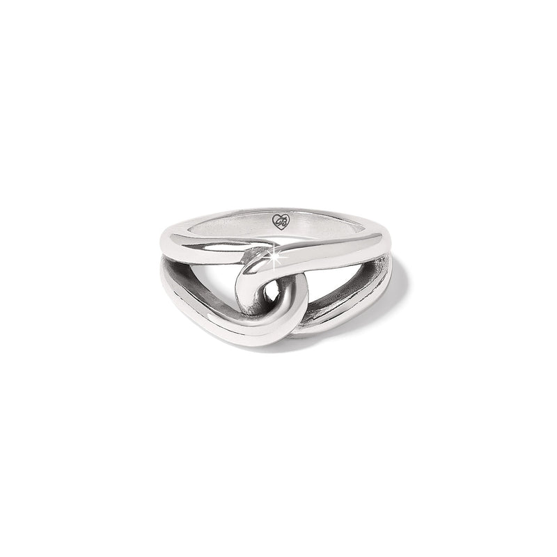 Brighton ring with silver-plated interlocking loop design and polished finish on a white background