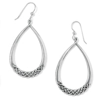 Brighton silver-plated teardrop drop earrings with braided woven detail along the bottom curve on a white background