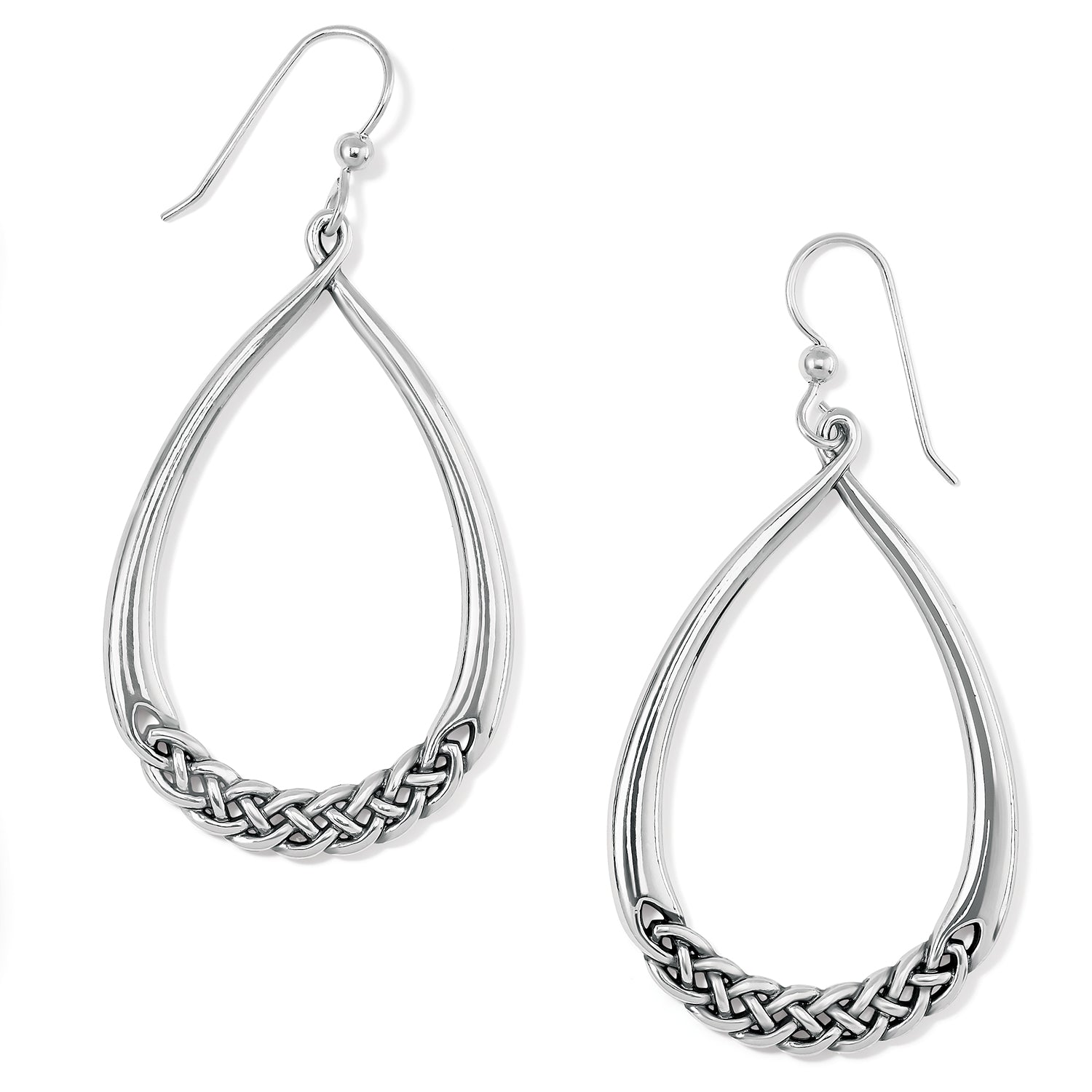 Brighton silver-plated teardrop drop earrings with braided woven detail along the bottom curve on a white background