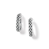 Brighton hoop earrings with silver-plated braided woven design shown from two angles on a white background