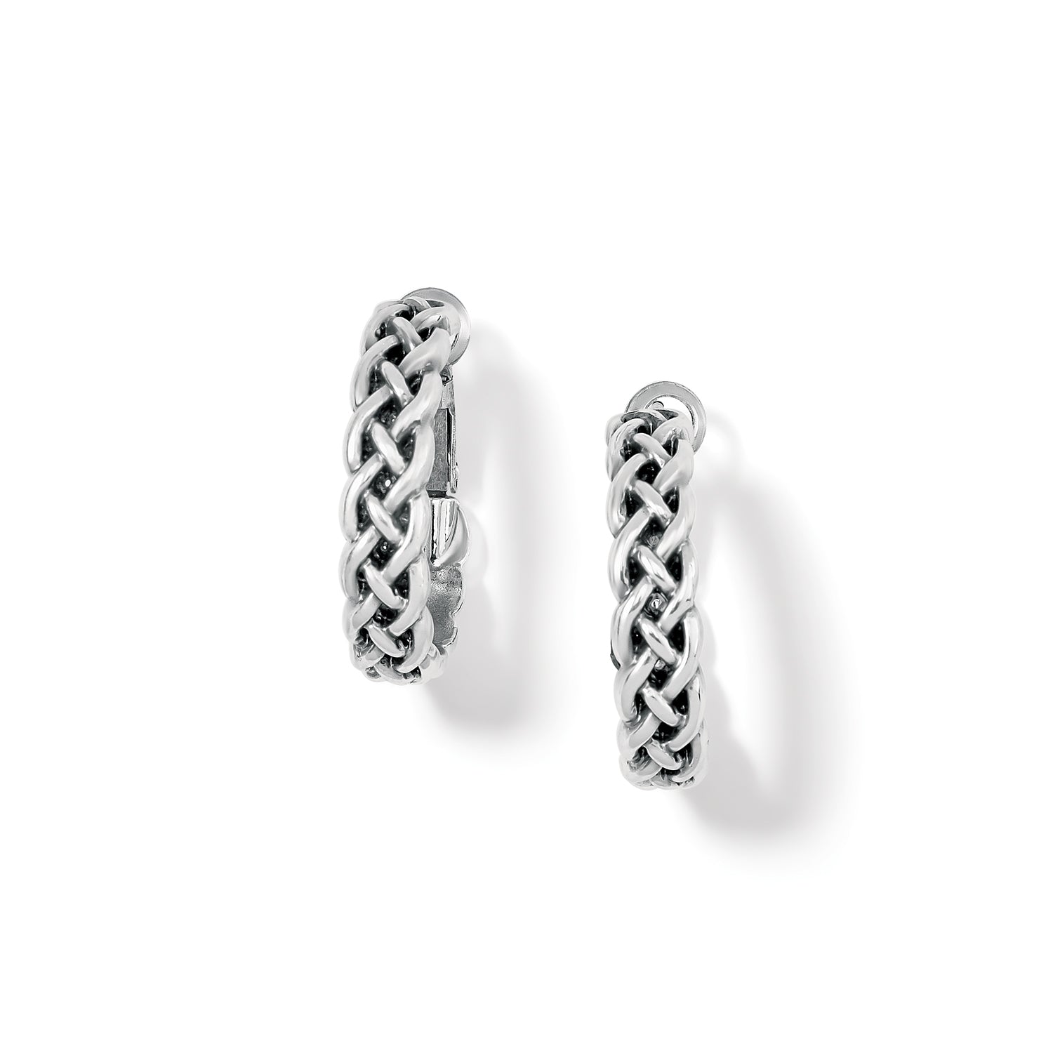 Brighton hoop earrings with silver-plated braided woven design shown from two angles on a white background