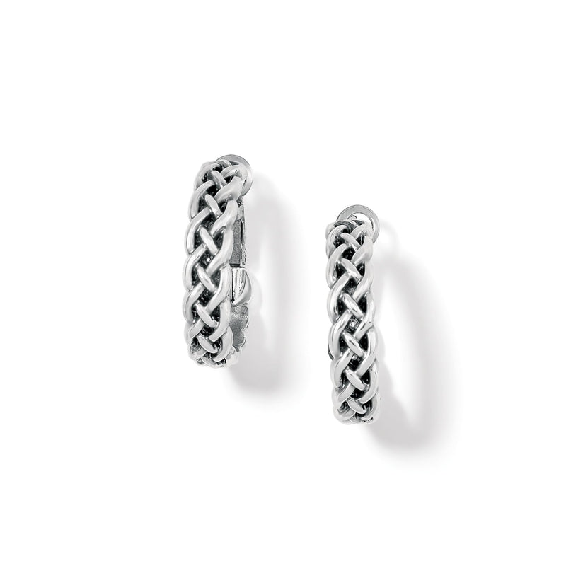 Brighton hoop earrings with silver-plated braided woven design shown from two angles on a white background