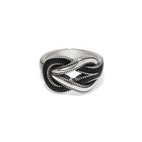 Brighton silver-plated ring with black enamel interlocking knot design and beaded rope detailing on a white background