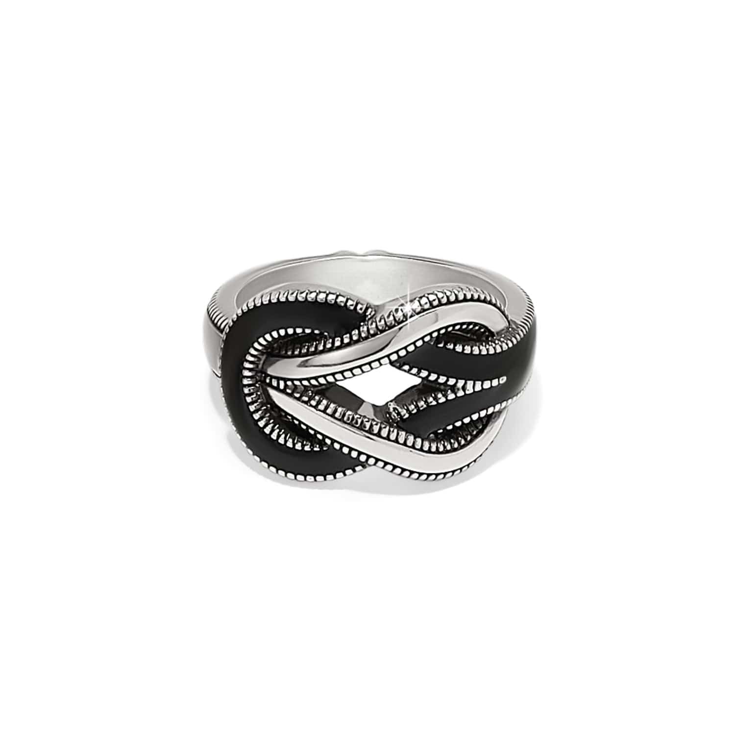 Brighton silver-plated ring with black enamel interlocking knot design and beaded rope detailing on a white background